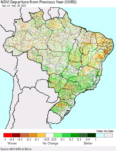 Brazil NDVI Departure from Previous Year (VIIRS) Thematic Map For 9/22/2023 - 9/29/2023