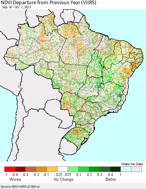 Brazil NDVI Departure from Previous Year (VIIRS) Thematic Map For 9/30/2023 - 10/7/2023
