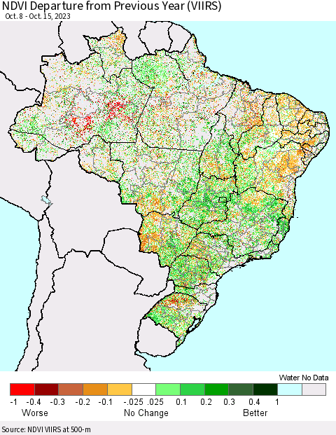 Brazil NDVI Departure from Previous Year (VIIRS) Thematic Map For 10/8/2023 - 10/15/2023