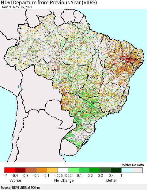 Brazil NDVI Departure from Previous Year (VIIRS) Thematic Map For 11/9/2023 - 11/16/2023