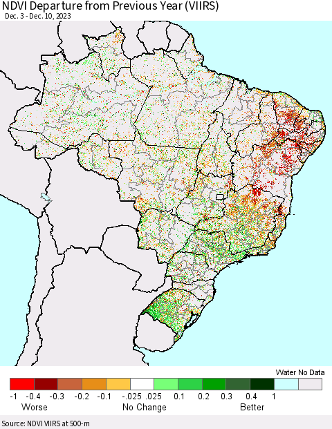 Brazil NDVI Departure from Previous Year (VIIRS) Thematic Map For 12/3/2023 - 12/10/2023