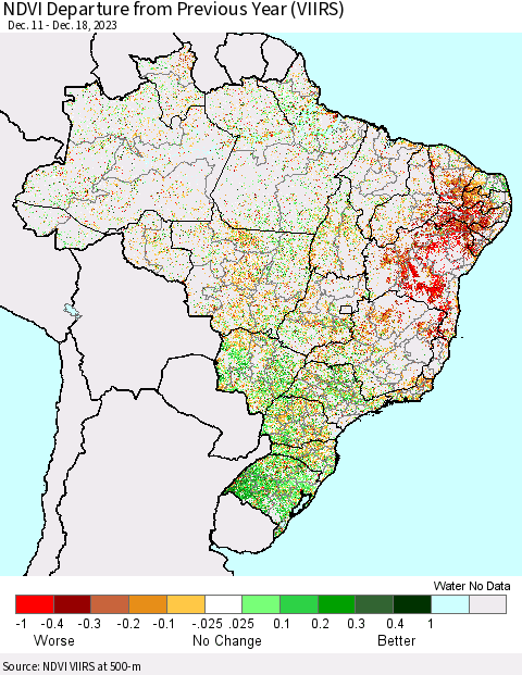 Brazil NDVI Departure from Previous Year (VIIRS) Thematic Map For 12/11/2023 - 12/18/2023