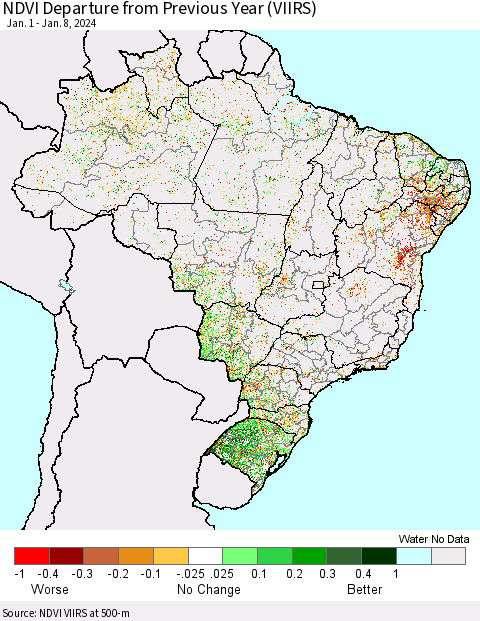 Brazil NDVI Departure from Previous Year (VIIRS) Thematic Map For 1/1/2024 - 1/8/2024