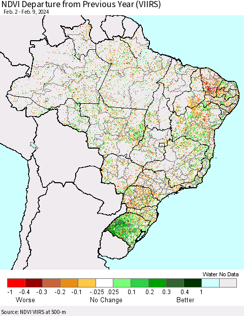 Brazil NDVI Departure from Previous Year (VIIRS) Thematic Map For 2/2/2024 - 2/9/2024