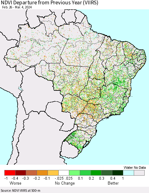 Brazil NDVI Departure from Previous Year (VIIRS) Thematic Map For 2/26/2024 - 3/4/2024