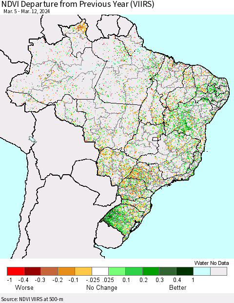 Brazil NDVI Departure from Previous Year (VIIRS) Thematic Map For 3/5/2024 - 3/12/2024