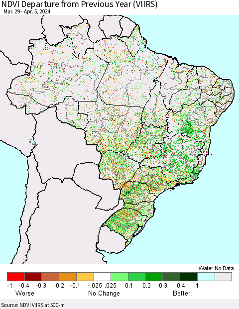 Brazil NDVI Departure from Previous Year (VIIRS) Thematic Map For 3/29/2024 - 4/5/2024
