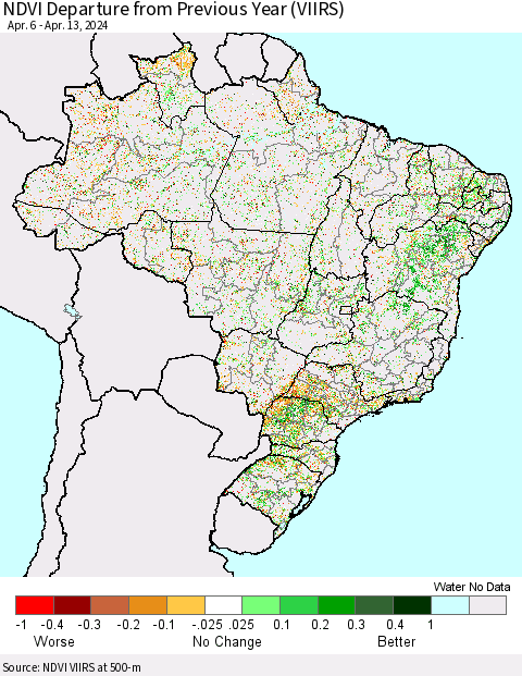Brazil NDVI Departure from Previous Year (VIIRS) Thematic Map For 4/6/2024 - 4/13/2024