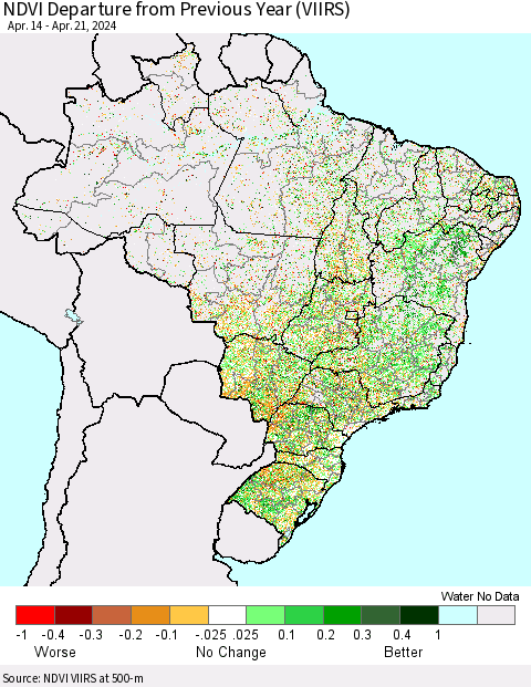Brazil NDVI Departure from Previous Year (VIIRS) Thematic Map For 4/14/2024 - 4/21/2024