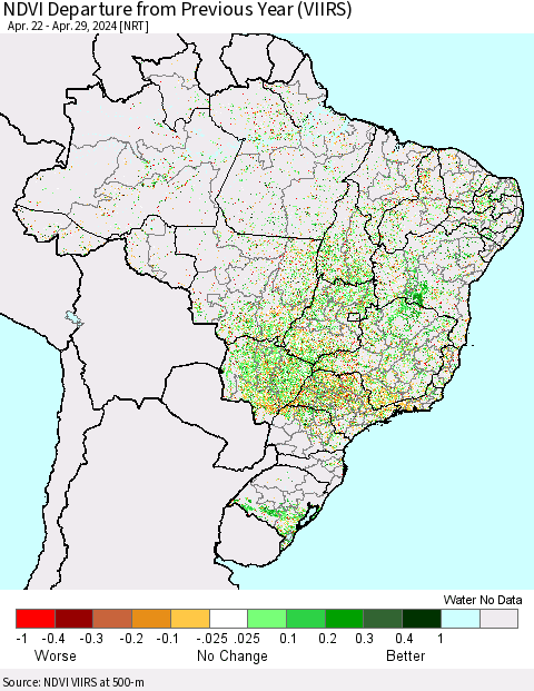 Brazil NDVI Departure from Previous Year (VIIRS) Thematic Map For 4/22/2024 - 4/29/2024