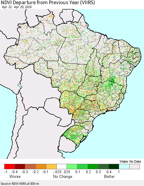 Brazil NDVI Departure from Previous Year (VIIRS) Thematic Map For 4/22/2024 - 4/29/2024