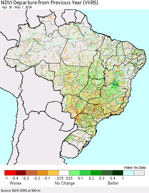 Brazil NDVI Departure from Previous Year (VIIRS) Thematic Map For 4/30/2024 - 5/7/2024