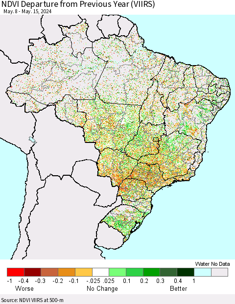 Brazil NDVI Departure from Previous Year (VIIRS) Thematic Map For 5/8/2024 - 5/15/2024