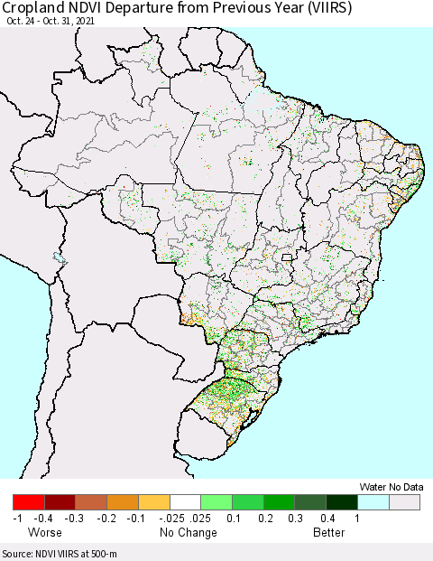 Brazil Cropland NDVI Departure from Previous Year (VIIRS) Thematic Map For 10/24/2021 - 10/31/2021