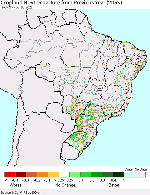 Brazil Cropland NDVI Departure from Previous Year (VIIRS) Thematic Map For 11/9/2021 - 11/16/2021