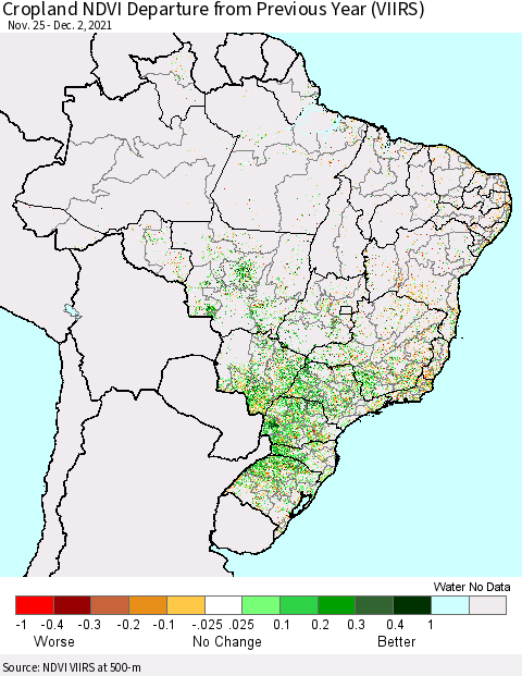 Brazil Cropland NDVI Departure from Previous Year (VIIRS) Thematic Map For 11/25/2021 - 12/2/2021