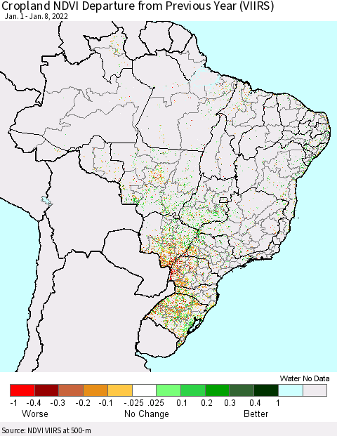 Brazil Cropland NDVI Departure from Previous Year (VIIRS) Thematic Map For 1/1/2022 - 1/8/2022