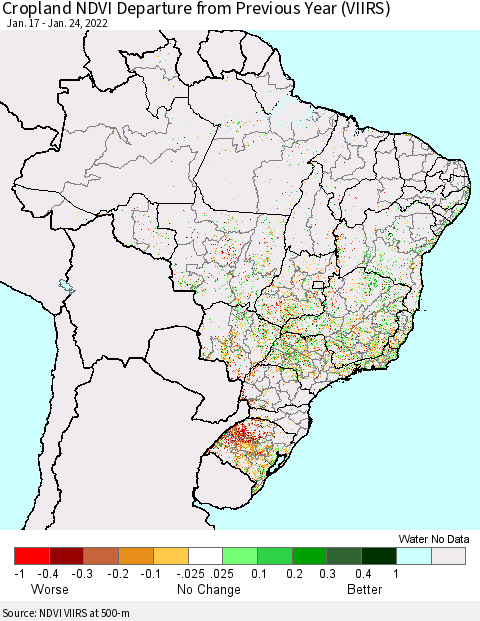 Brazil Cropland NDVI Departure from Previous Year (VIIRS) Thematic Map For 1/17/2022 - 1/24/2022