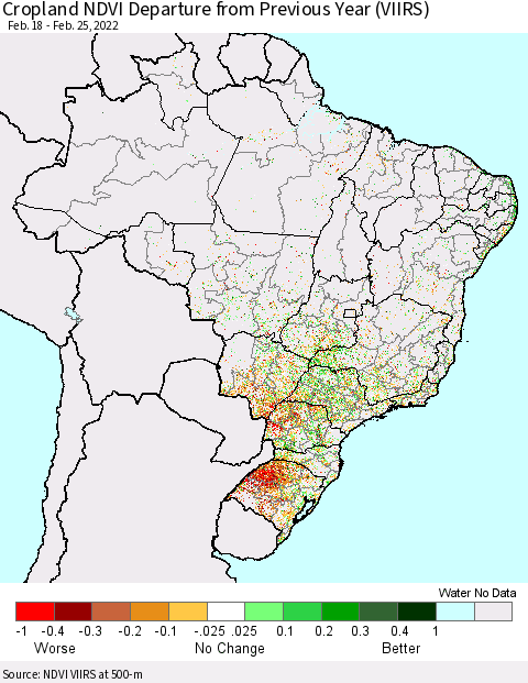 Brazil Cropland NDVI Departure from Previous Year (VIIRS) Thematic Map For 2/18/2022 - 2/25/2022