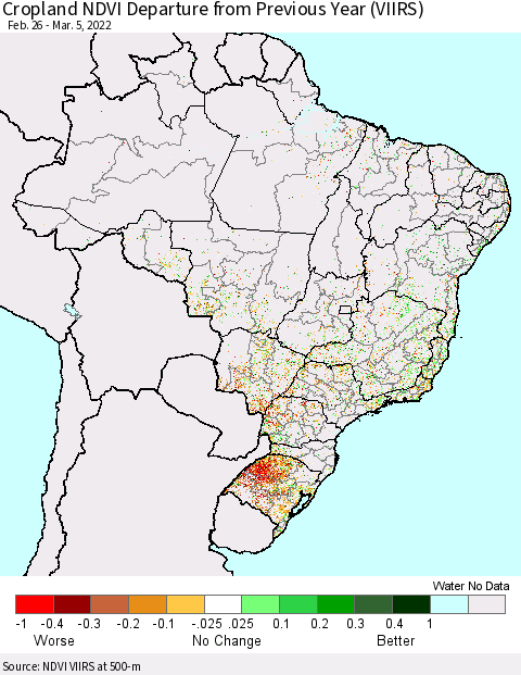 Brazil Cropland NDVI Departure from Previous Year (VIIRS) Thematic Map For 2/26/2022 - 3/5/2022