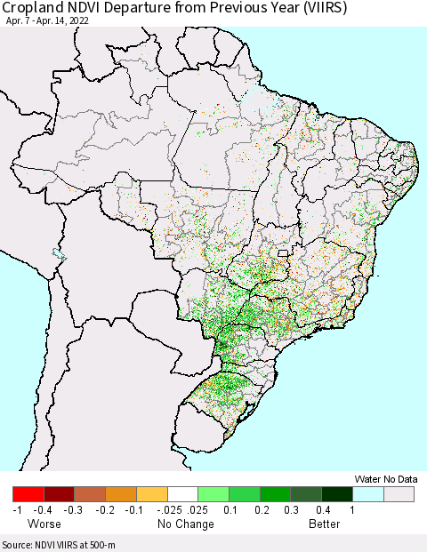 Brazil Cropland NDVI Departure from Previous Year (VIIRS) Thematic Map For 4/7/2022 - 4/14/2022
