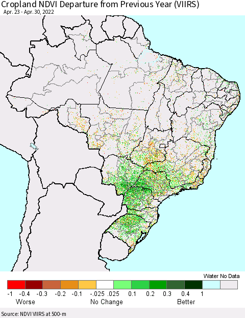 Brazil Cropland NDVI Departure from Previous Year (VIIRS) Thematic Map For 4/23/2022 - 4/30/2022