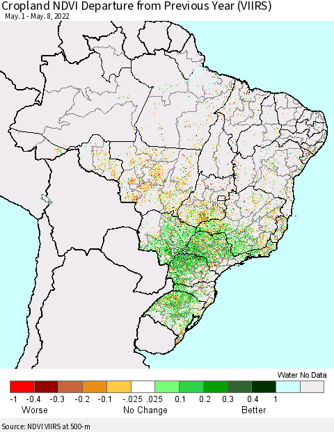 Brazil Cropland NDVI Departure from Previous Year (VIIRS) Thematic Map For 5/1/2022 - 5/8/2022