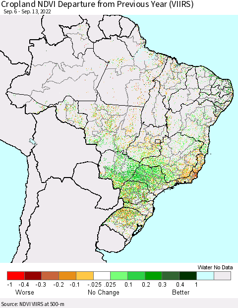 Brazil Cropland NDVI Departure from Previous Year (VIIRS) Thematic Map For 9/6/2022 - 9/13/2022