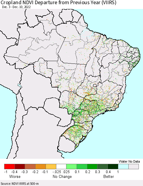 Brazil Cropland NDVI Departure from Previous Year (VIIRS) Thematic Map For 12/3/2022 - 12/10/2022