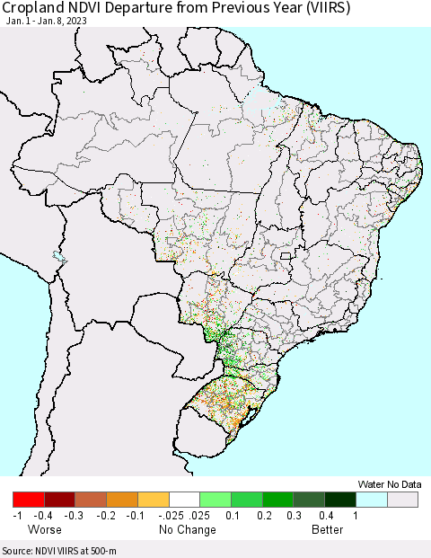 Brazil Cropland NDVI Departure from Previous Year (VIIRS) Thematic Map For 1/1/2023 - 1/8/2023