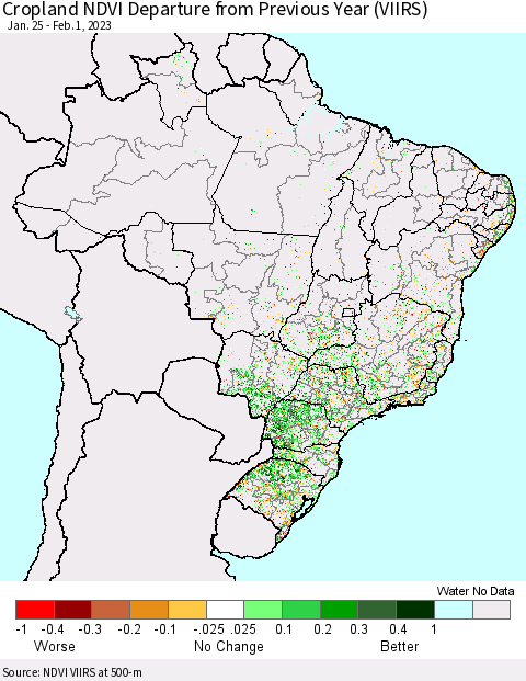 Brazil Cropland NDVI Departure from Previous Year (VIIRS) Thematic Map For 1/25/2023 - 2/1/2023