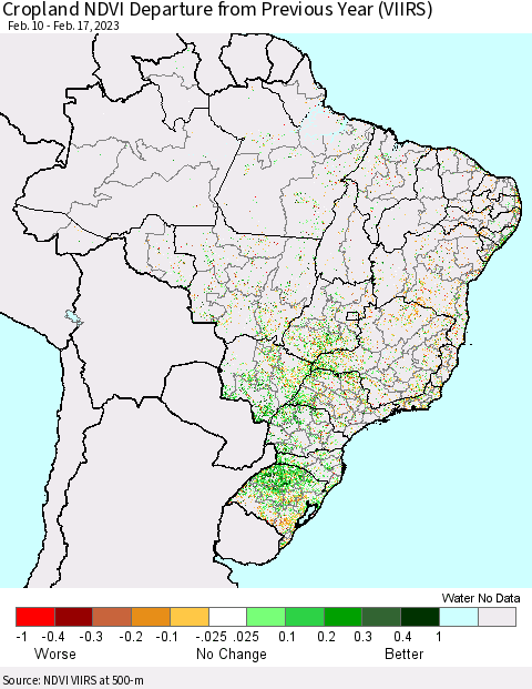 Brazil Cropland NDVI Departure from Previous Year (VIIRS) Thematic Map For 2/10/2023 - 2/17/2023