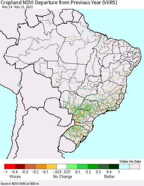 Brazil Cropland NDVI Departure from Previous Year (VIIRS) Thematic Map For 3/14/2023 - 3/21/2023