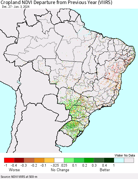 Brazil Cropland NDVI Departure from Previous Year (VIIRS) Thematic Map For 12/27/2023 - 1/3/2024