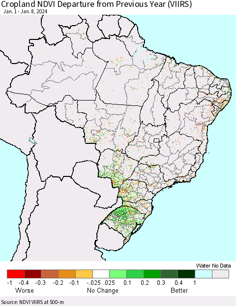 Brazil Cropland NDVI Departure from Previous Year (VIIRS) Thematic Map For 1/1/2024 - 1/8/2024