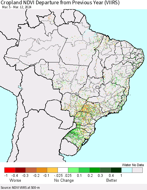 Brazil Cropland NDVI Departure from Previous Year (VIIRS) Thematic Map For 3/5/2024 - 3/12/2024