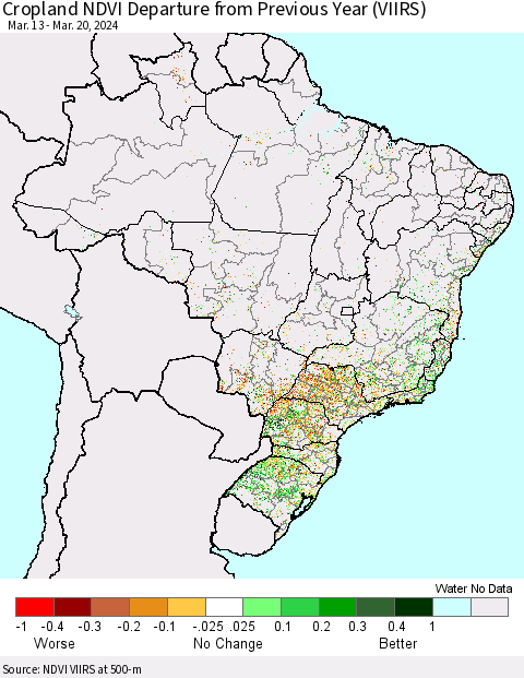 Brazil Cropland NDVI Departure from Previous Year (VIIRS) Thematic Map For 3/13/2024 - 3/20/2024