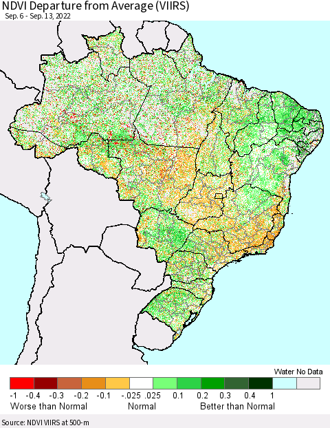 Brazil NDVI Departure from Average (VIIRS) Thematic Map For 9/6/2022 - 9/13/2022