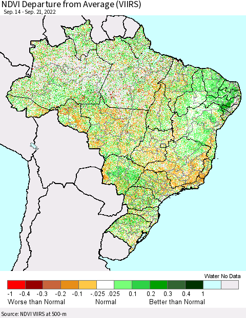 Brazil NDVI Departure from Average (VIIRS) Thematic Map For 9/14/2022 - 9/21/2022