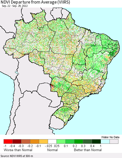 Brazil NDVI Departure from Average (VIIRS) Thematic Map For 9/22/2022 - 9/29/2022