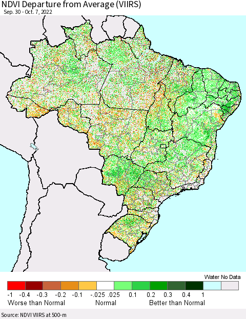Brazil NDVI Departure from Average (VIIRS) Thematic Map For 9/30/2022 - 10/7/2022