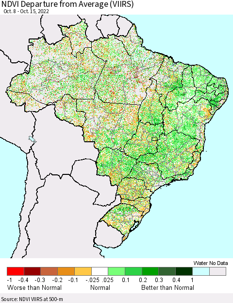 Brazil NDVI Departure from Average (VIIRS) Thematic Map For 10/8/2022 - 10/15/2022