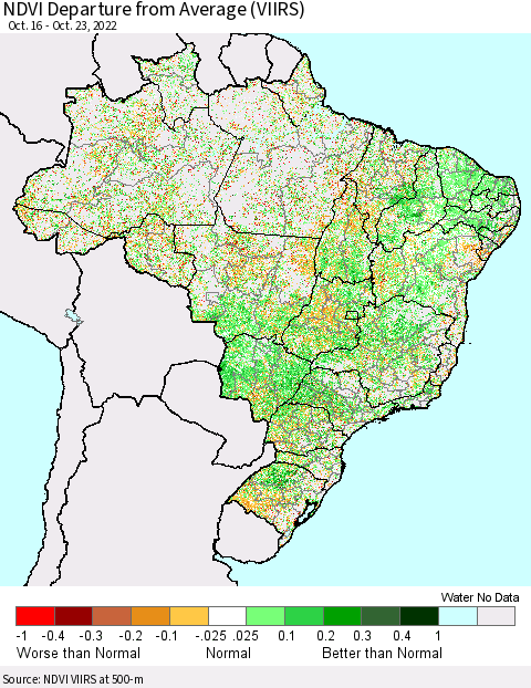 Brazil NDVI Departure from Average (VIIRS) Thematic Map For 10/16/2022 - 10/23/2022
