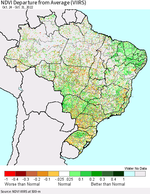Brazil NDVI Departure from Average (VIIRS) Thematic Map For 10/24/2022 - 10/31/2022
