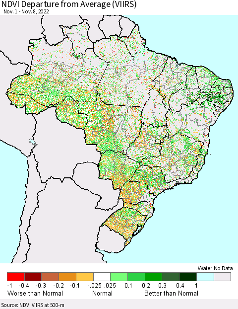 Brazil NDVI Departure from Average (VIIRS) Thematic Map For 11/1/2022 - 11/8/2022