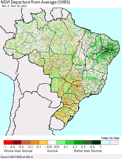 Brazil NDVI Departure from Average (VIIRS) Thematic Map For 11/9/2022 - 11/16/2022