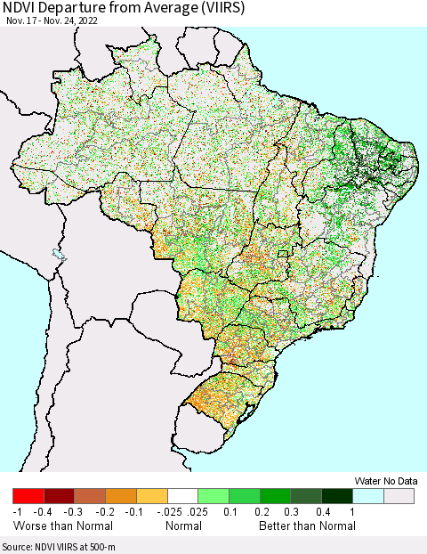 Brazil NDVI Departure from Average (VIIRS) Thematic Map For 11/17/2022 - 11/24/2022