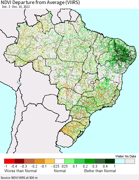 Brazil NDVI Departure from Average (VIIRS) Thematic Map For 12/3/2022 - 12/10/2022