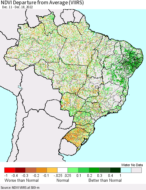 Brazil NDVI Departure from Average (VIIRS) Thematic Map For 12/11/2022 - 12/18/2022