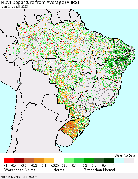 Brazil NDVI Departure from Average (VIIRS) Thematic Map For 1/1/2023 - 1/8/2023